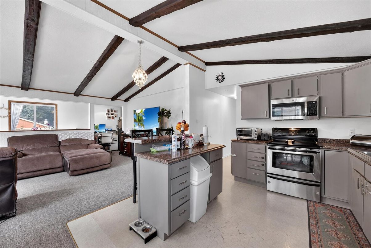 Interior, Kitchen, Living room, Pendant Lights, Stainless Steel Appliances, Wooden Beams