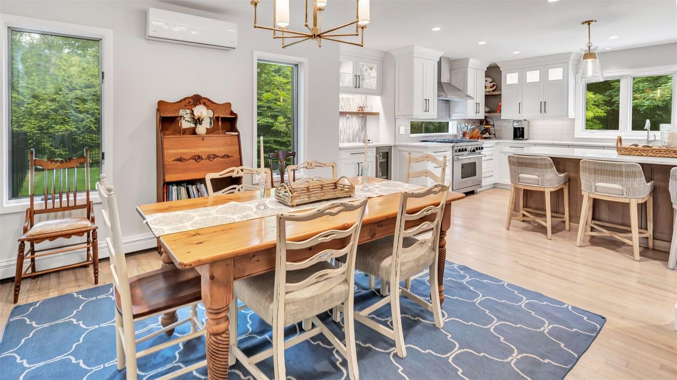 Dining room, Interior, Kitchen, Pendant Lights, Recessed Lighting, Stainless Steel Appliances, Wood Texture Flooring