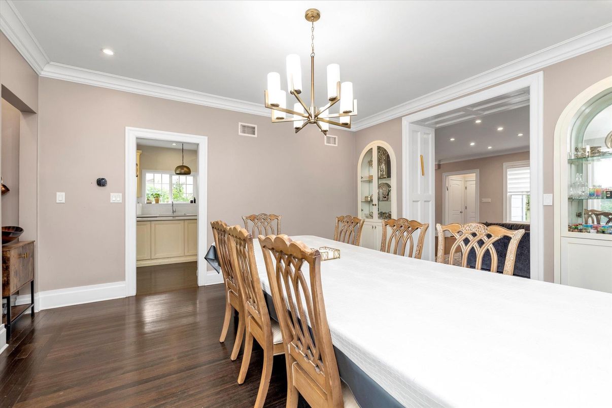 Dining room, Interior, Pendant Lights, Recessed Lighting, Wood Texture Flooring