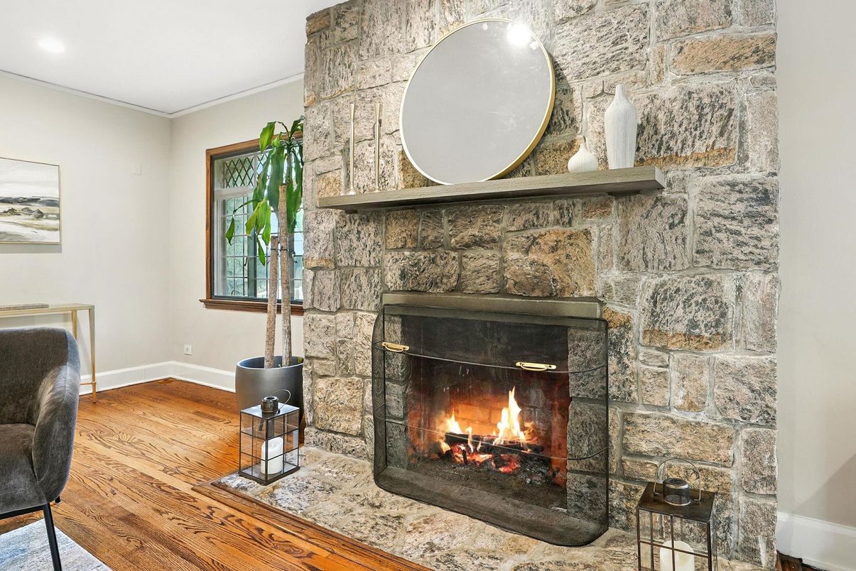 Fireplace, Interior, Recessed Lighting, Stone Walls, Wood Texture Flooring