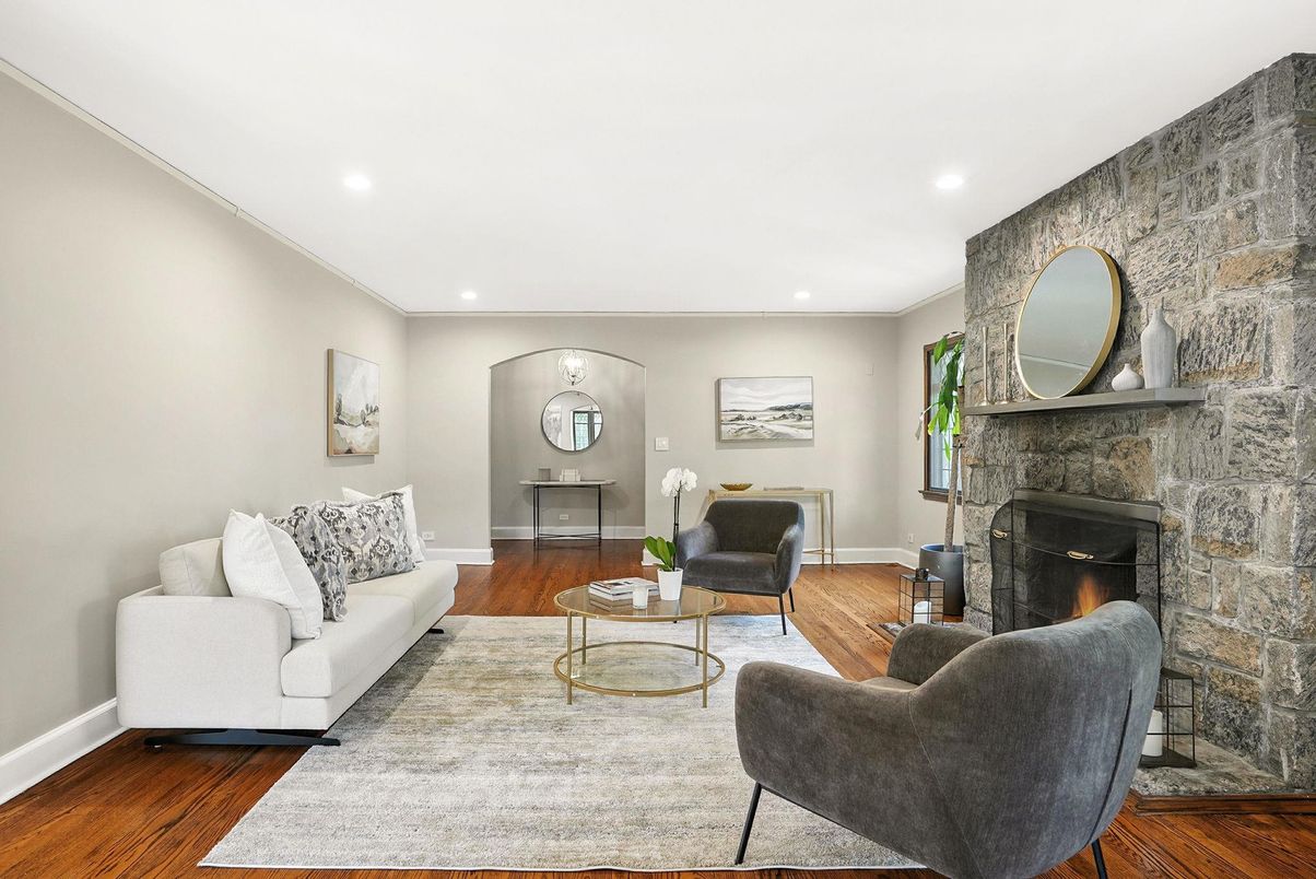 Fireplace, Interior, Living room, Recessed Lighting, Stone Walls, Wood Texture Flooring