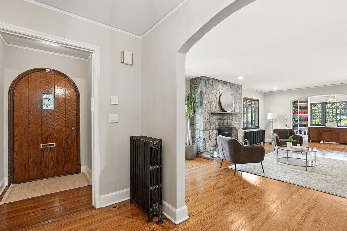 Fireplace, Interior, Living room, Recessed Lighting, Stone Walls, Wood Texture Flooring