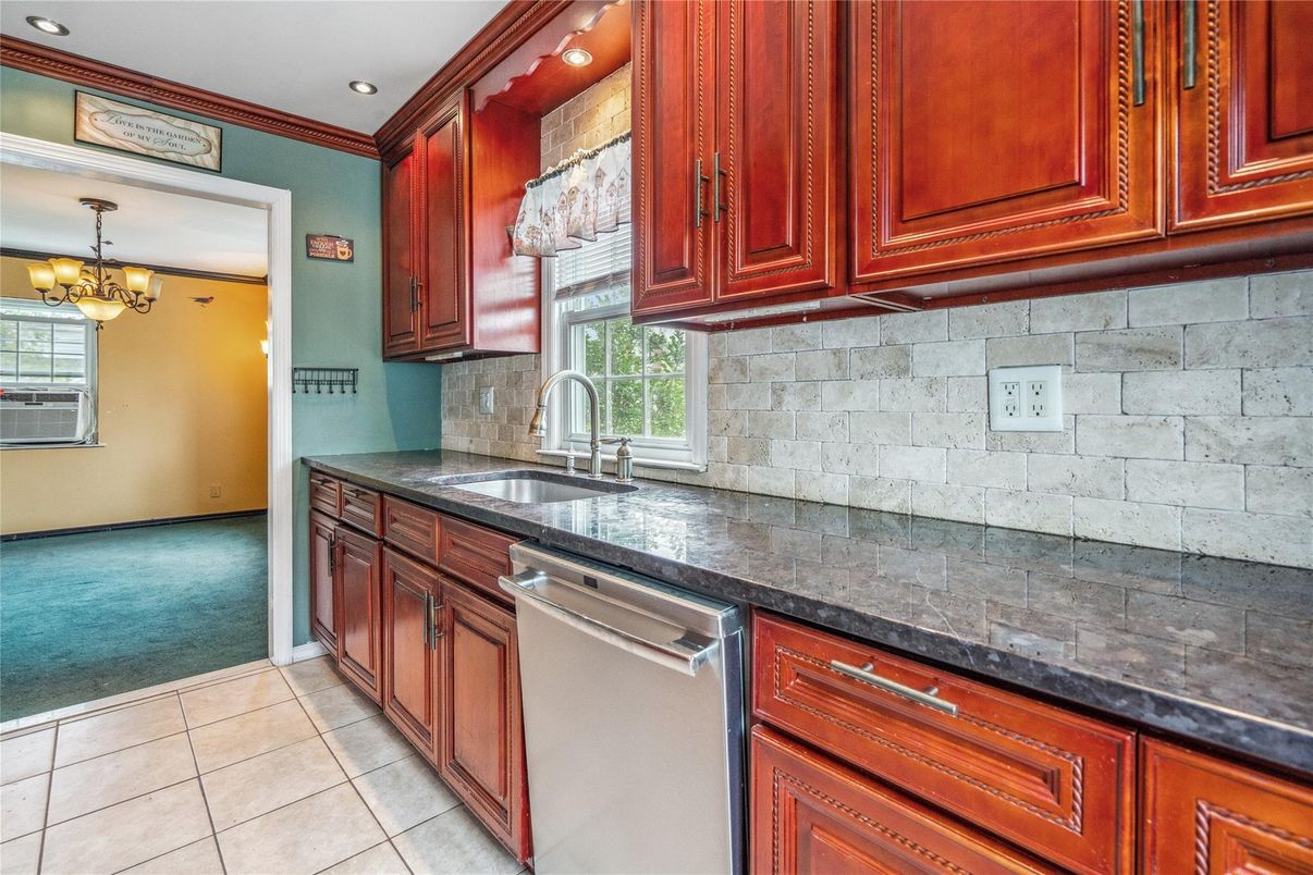 Interior, Kitchen, Recessed Lighting, Stainless Steel Appliances, Stone Walls