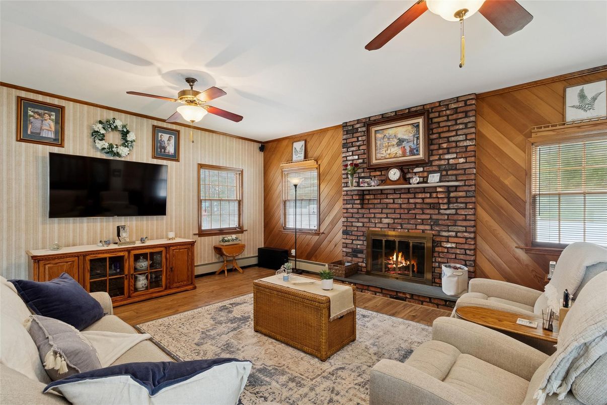 Fireplace, Interior, Living room, Stone Walls, Wood Texture Flooring, Wooden Walls