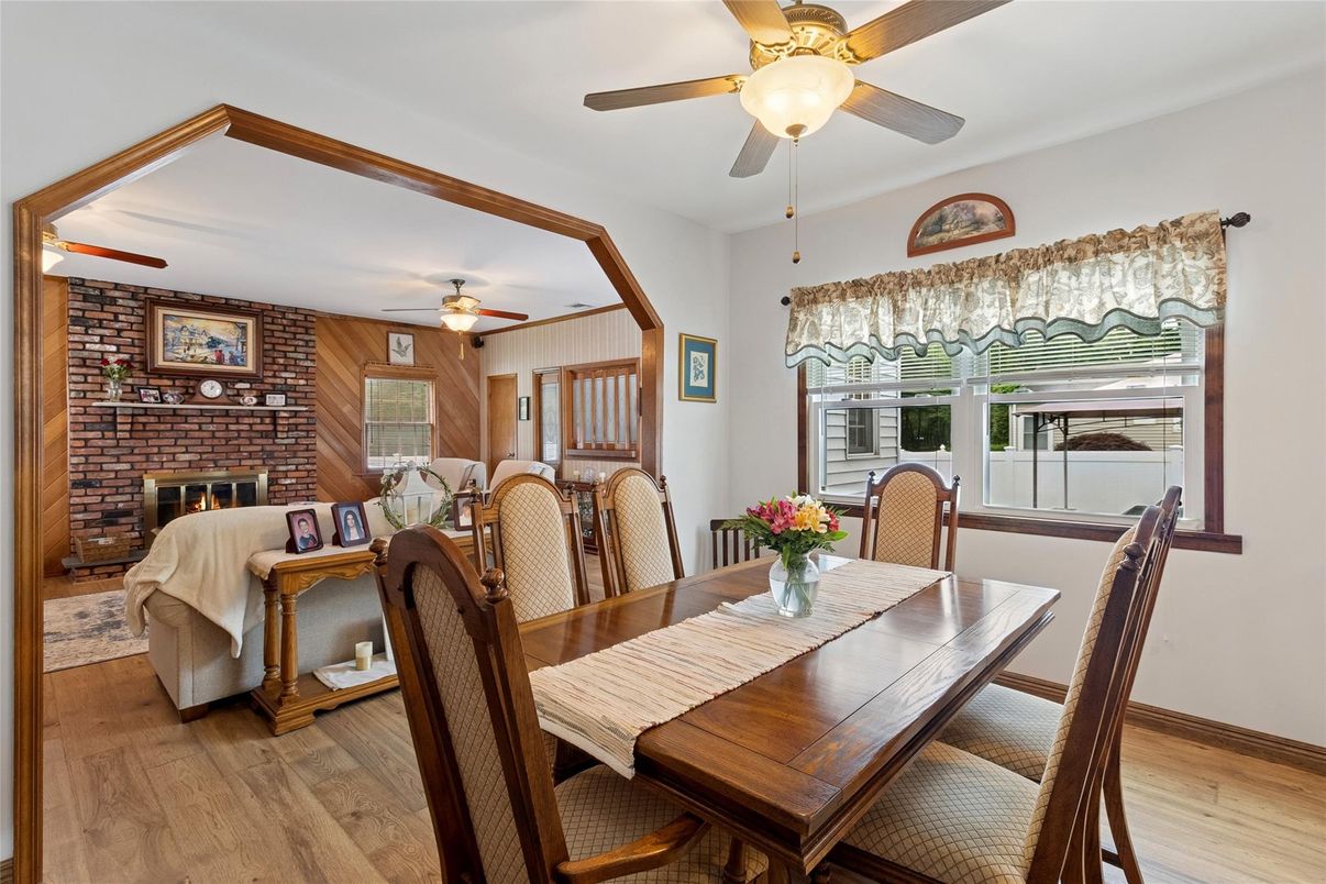 Dining room, Fireplace, Interior, Stone Walls, Wood Texture Flooring