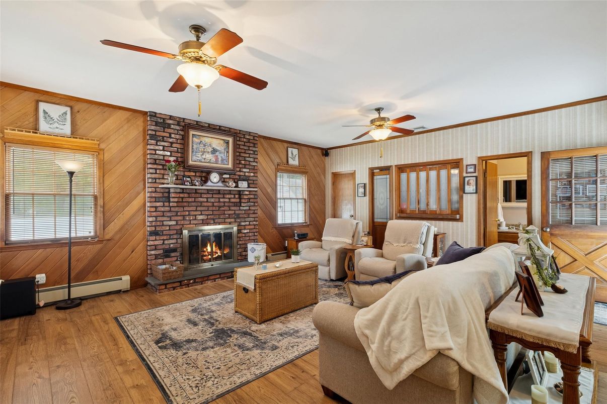 Fireplace, Interior, Living room, Stone Walls, Wood Texture Flooring, Wooden Walls