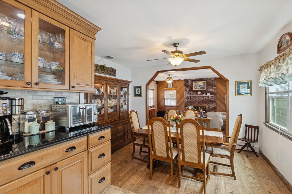Dining room, Fireplace, Interior, Kitchen, Stone Walls, Wood Texture Flooring