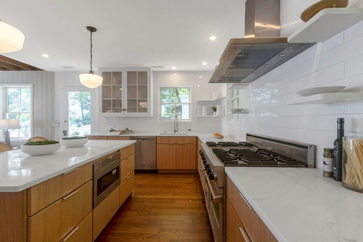 Interior, Kitchen, Pendant Lights, Recessed Lighting, Stainless Steel Appliances, Wood Texture Flooring
