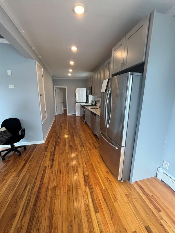 Interior, Kitchen, Recessed Lighting, Stainless Steel Appliances, Wood Texture Flooring