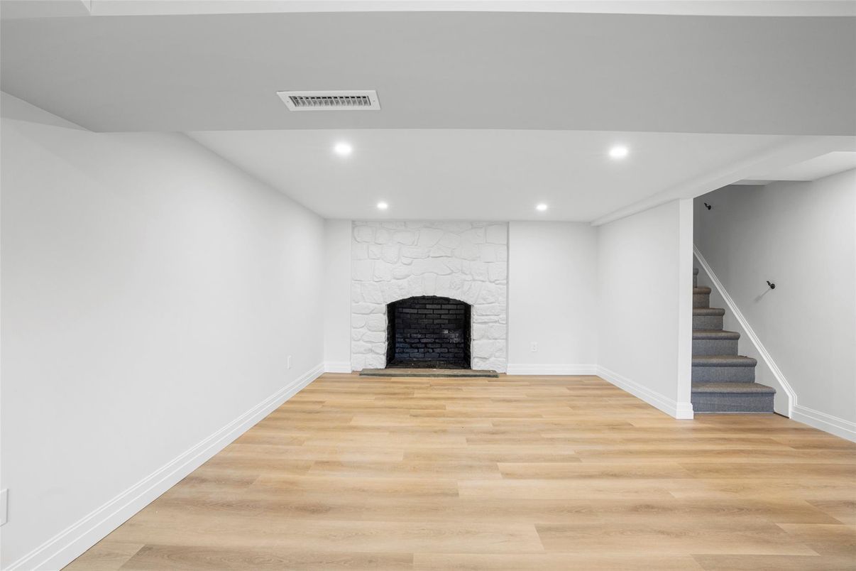 Empty room, Fireplace, Interior, Recessed Lighting, Wood Texture Flooring