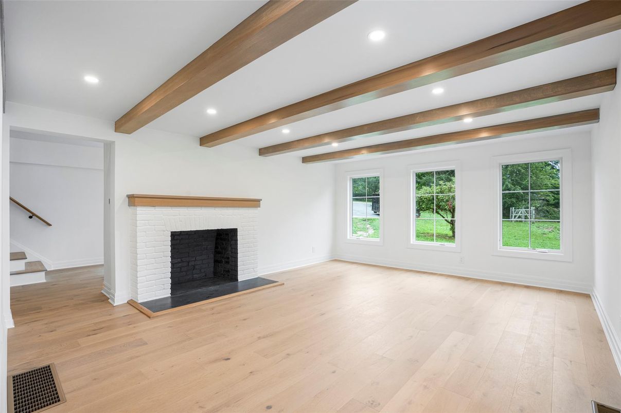 Empty room, Fireplace, Interior, Recessed Lighting, Wooden Beams, Wood Texture Flooring