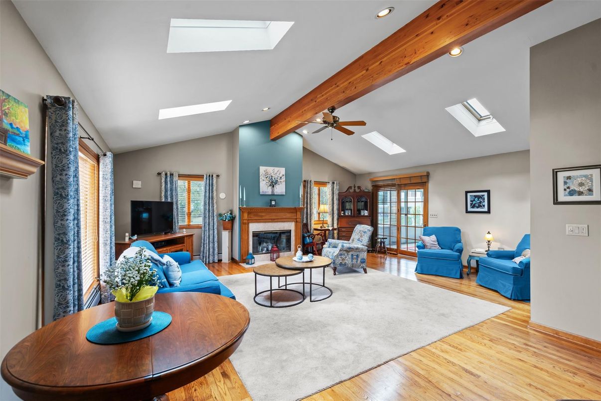 Fireplace, Interior, Living room, Recessed Lighting, Wood Texture Flooring