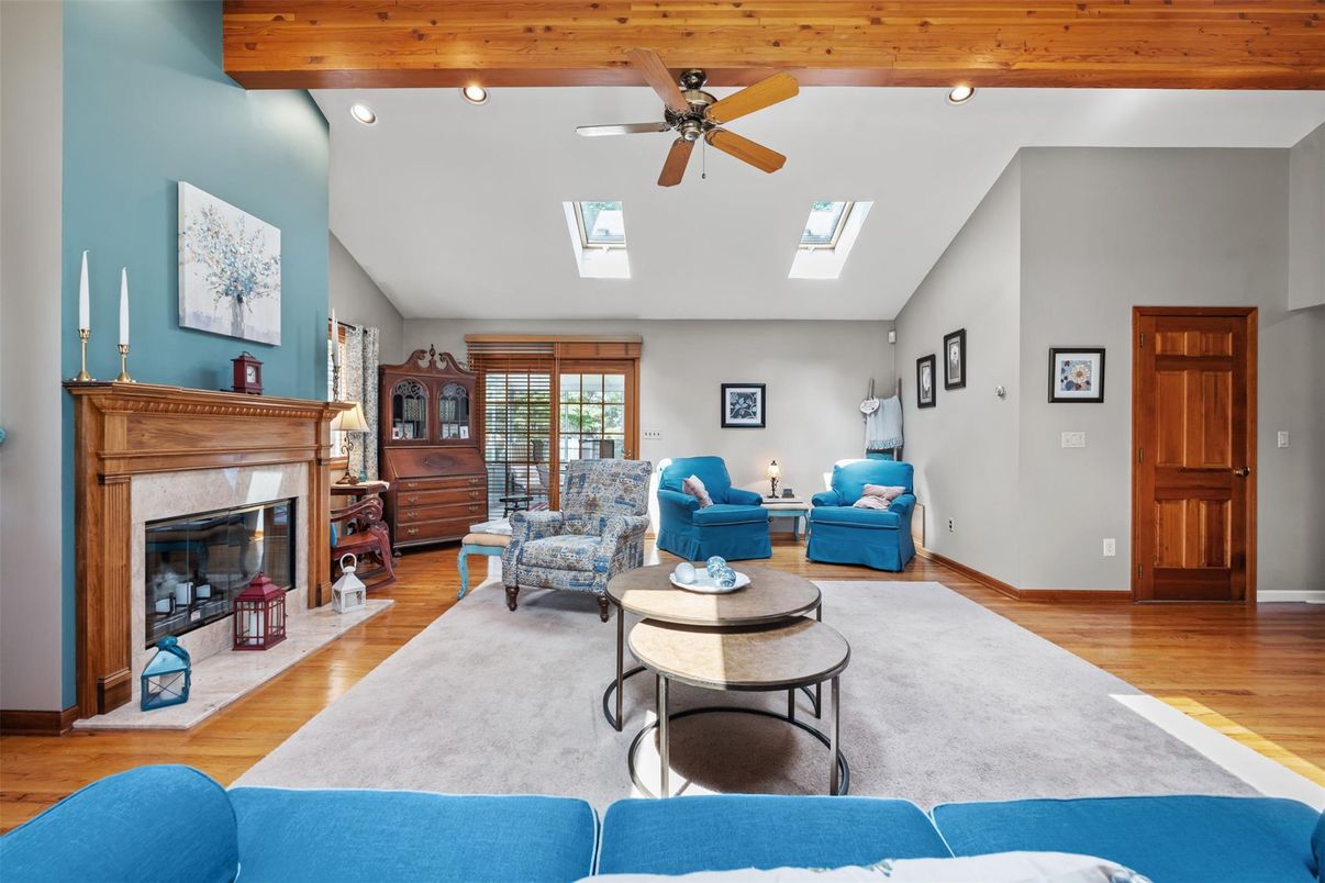 Fireplace, Interior, Living room, Recessed Lighting, Wooden Beams, Wood Texture Flooring