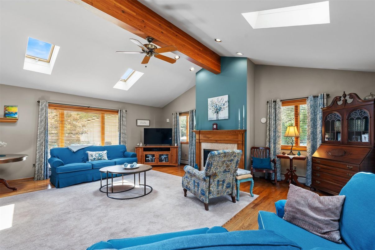 Fireplace, Interior, Living room, Recessed Lighting, Wooden Beams, Wood Texture Flooring