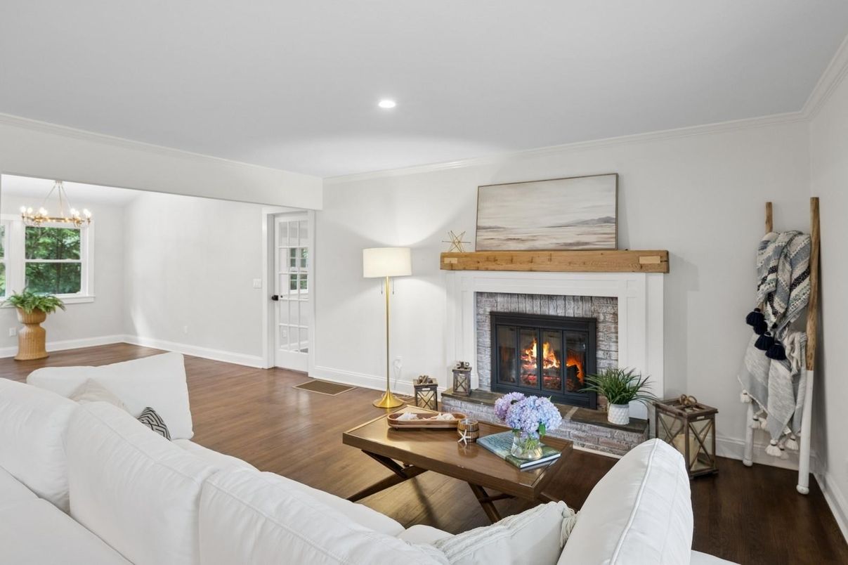 Fireplace, Interior, Living room, Recessed Lighting, Wood Texture Flooring