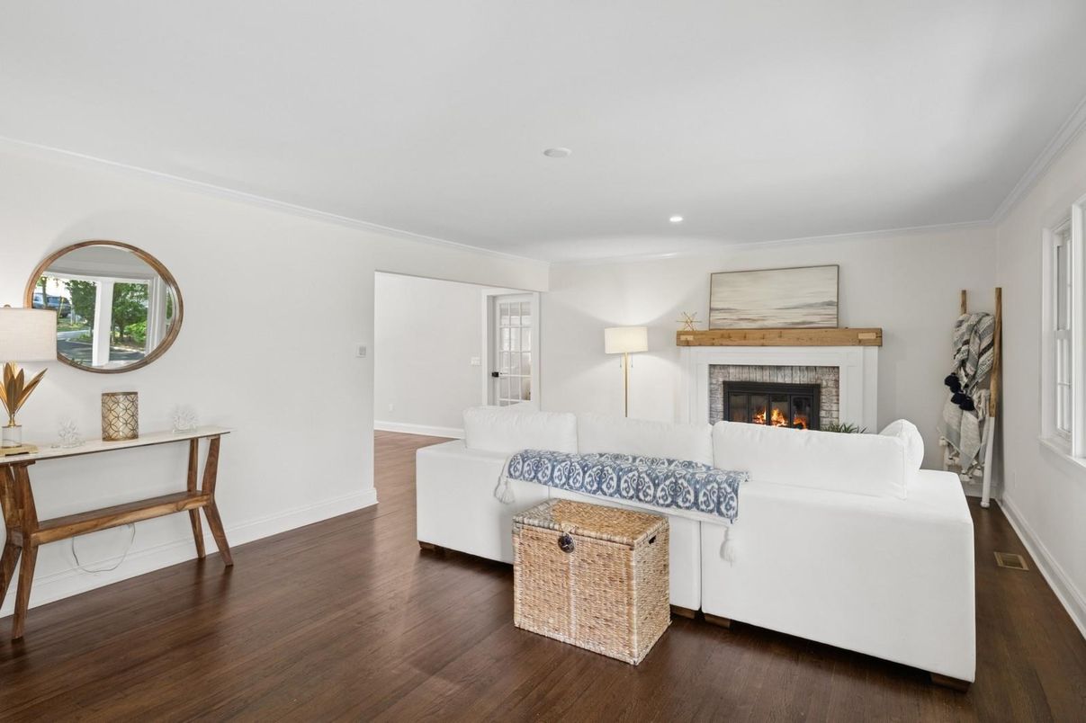 Fireplace, Interior, Living room, Recessed Lighting, Wood Texture Flooring