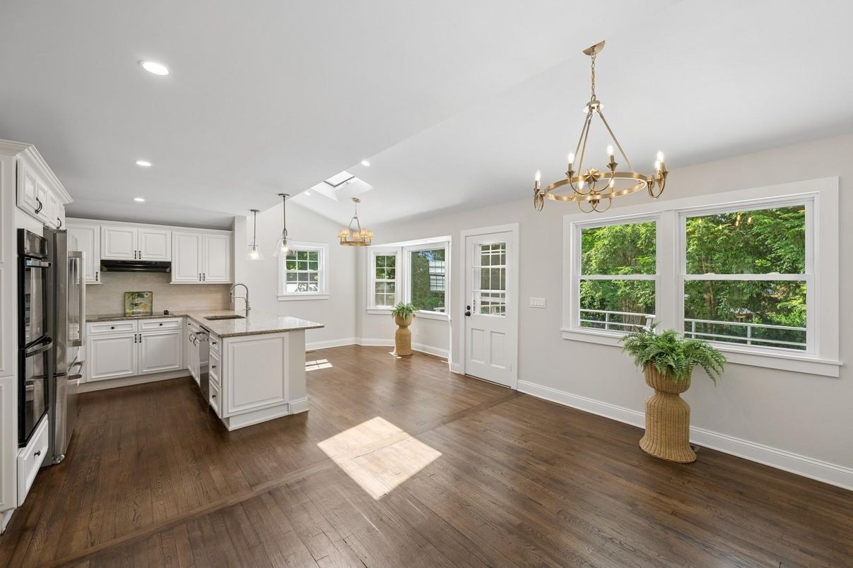 Chandelier, Interior, Kitchen, Pendant Lights, Recessed Lighting, Stainless Steel Appliances, Wood Texture Flooring