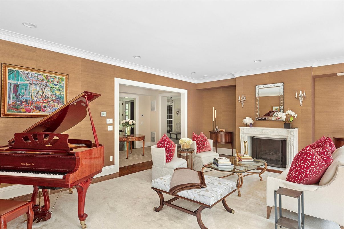 Fireplace, Interior, Living room, Piano, Recessed Lighting, Wooden Walls