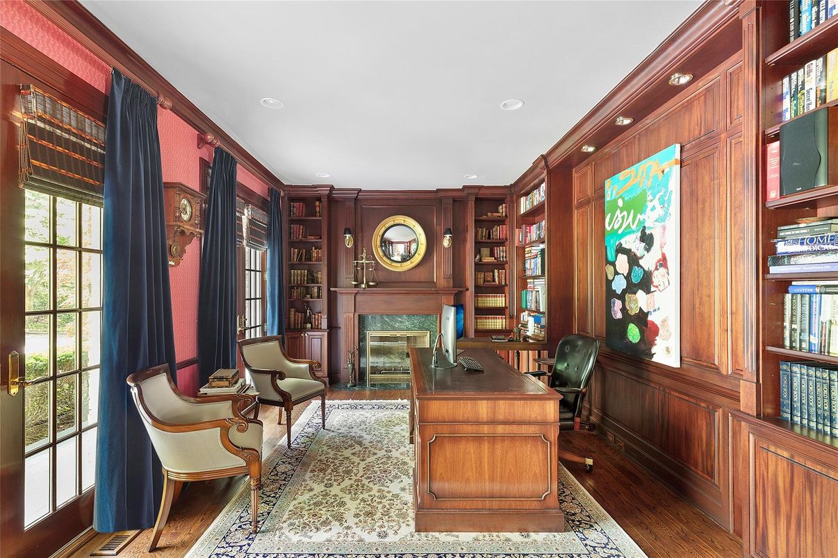 Fireplace, Home Office, Interior, Recessed Lighting, Wood Texture Flooring, Wooden Walls