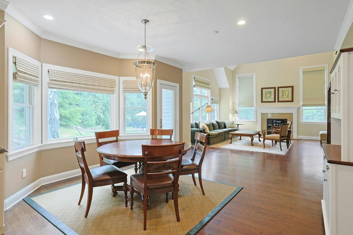 Chandelier, Dining room, Fireplace, Interior, Living room, Recessed Lighting, Wood Texture Flooring