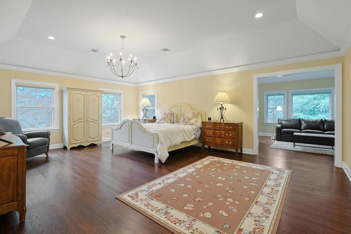 Bedroom, Chandelier, Interior, Recessed Lighting, Wood Texture Flooring