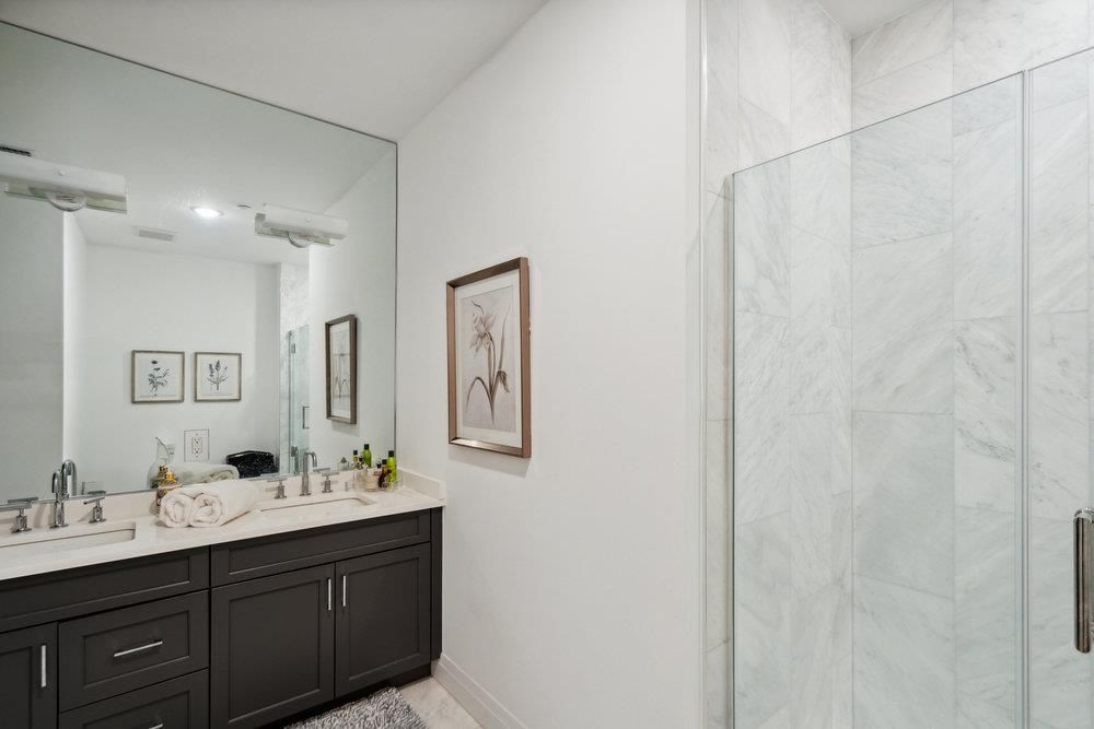 Bathroom, Dual Sink Vanities, Glass Shower, Interior, Marble Walls, Recessed Lighting