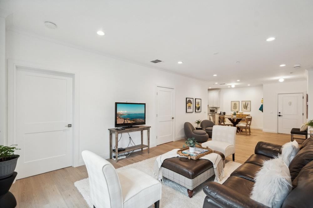 Dining room, Interior, Living room, Recessed Lighting, Wood Texture Flooring