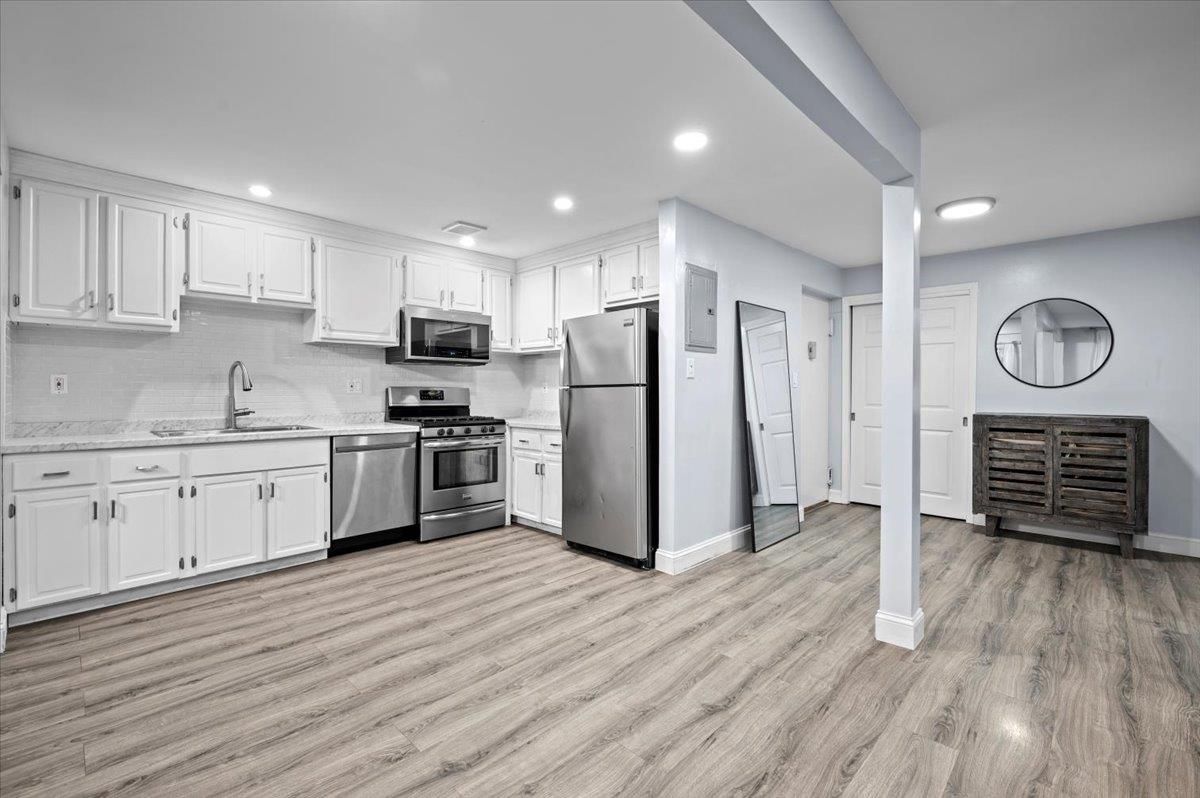 Interior, Kitchen, Recessed Lighting, Stainless Steel Appliances, Wood Texture Flooring