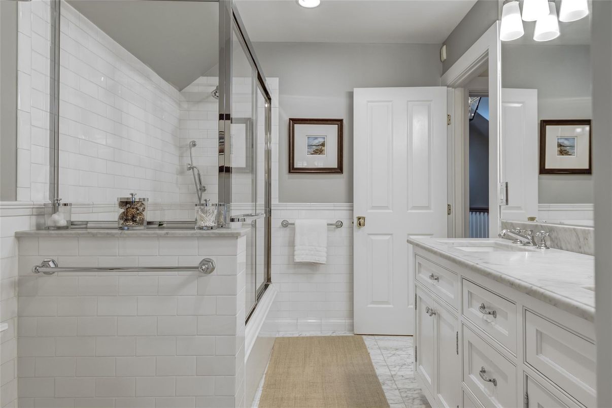 Bathroom, Dual Sink Vanities, Glass Shower, Interior, Marble, Recessed Lighting