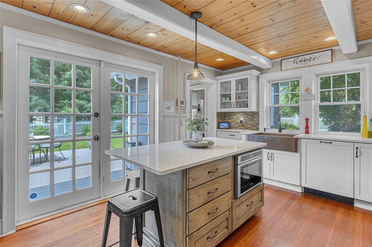 Interior, Kitchen, Pendant Lights, Recessed Lighting, Stainless Steel Appliances, Wooden Ceilings, Wood Texture Flooring