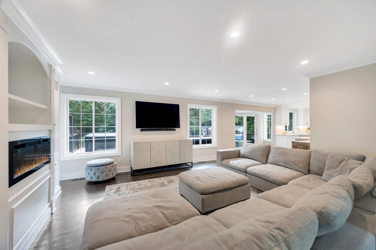 Fireplace, Interior, Living room, Recessed Lighting, Wood Texture Flooring