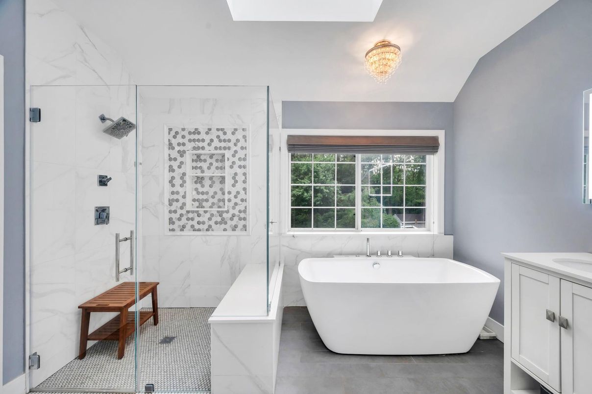 Bathroom, Free Standing Baths, Glass Shower, Interior, Marble Walls