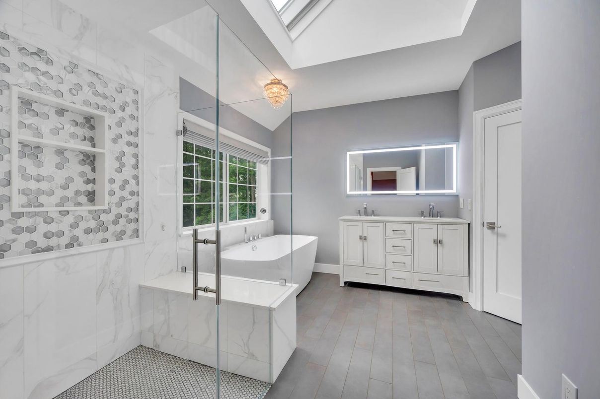 Bathroom, Free Standing Baths, Glass Shower, Interior, Marble Walls, Wood Texture Flooring