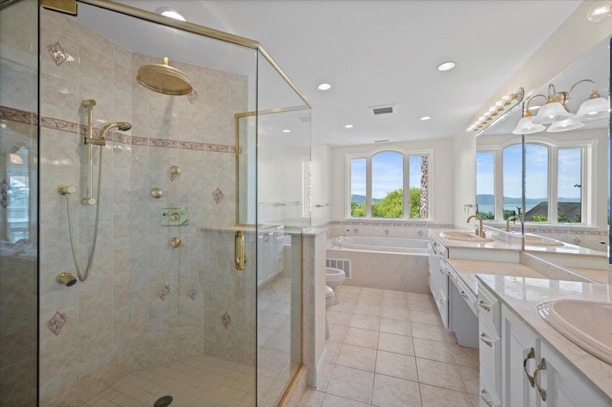 Bathroom, Dual Sink Vanities, Glass Shower, Interior, Recessed Lighting, Water