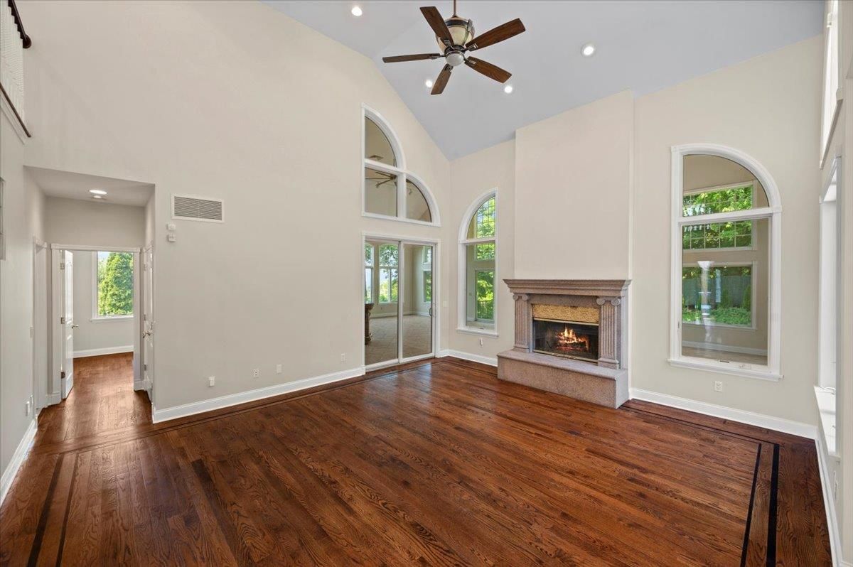 Empty room, Fireplace, Interior, Recessed Lighting, Wood Texture Flooring