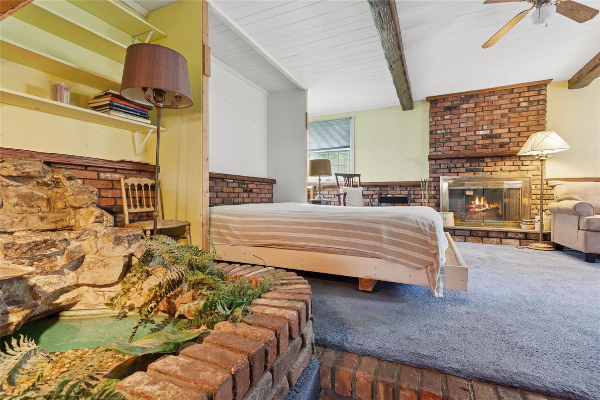 Bedroom, Fireplace, Interior, Stone Walls, Wooden Beams