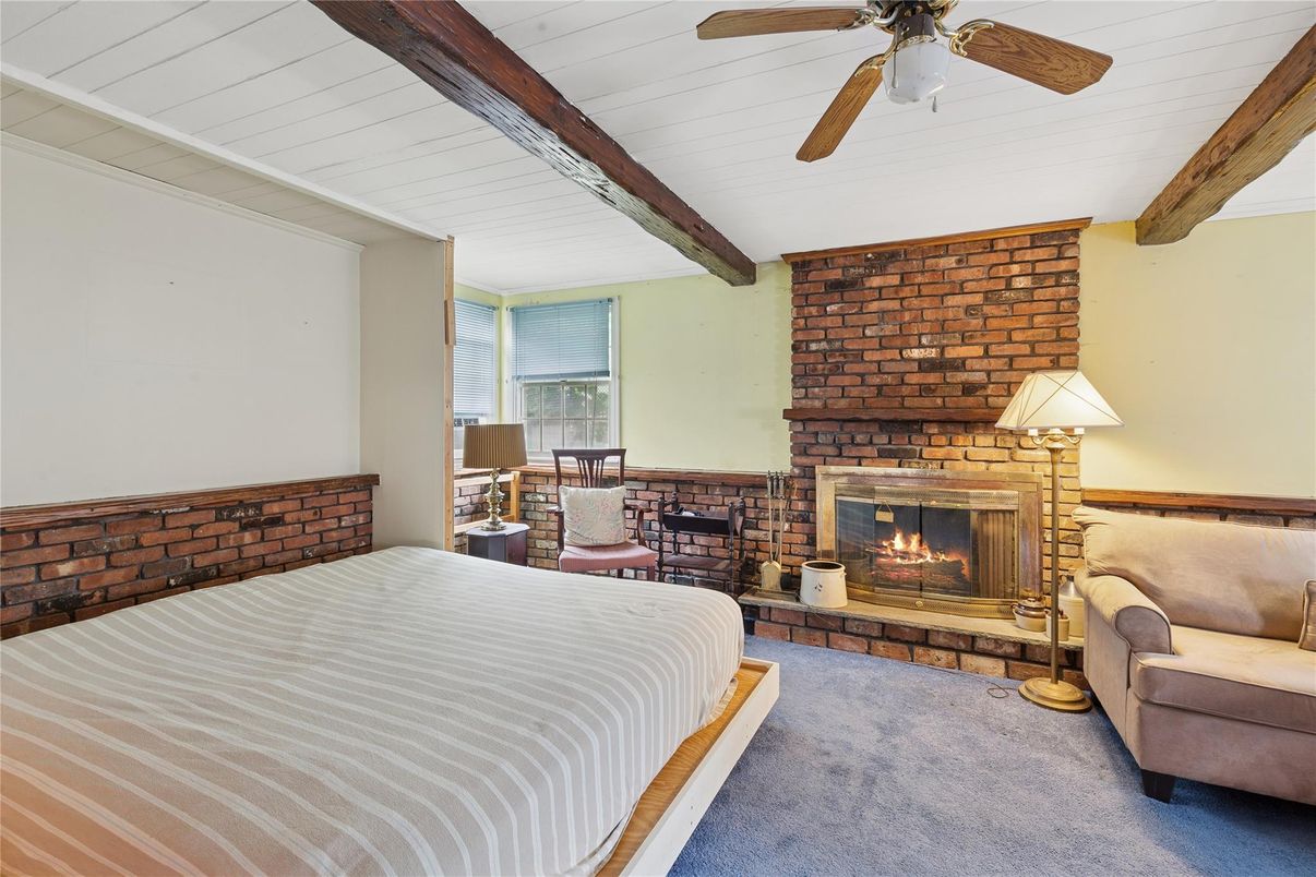 Bedroom, Fireplace, Interior, Stone Walls, Wooden Beams