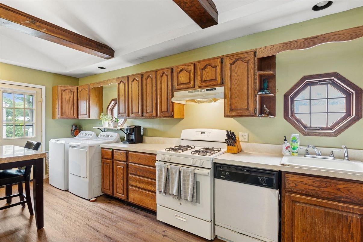 Interior, Kitchen, Recessed Lighting, Washer, Wooden Beams, Wood Texture Flooring