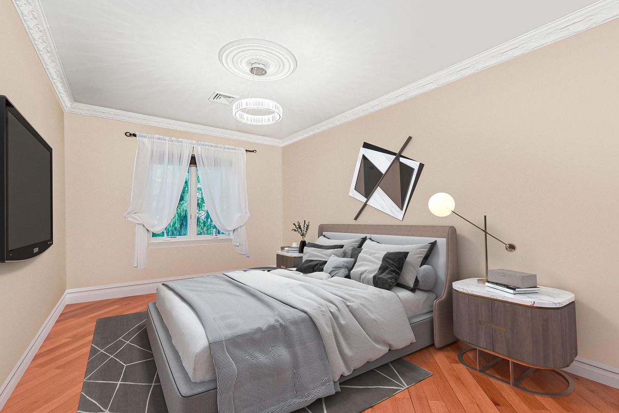 Bedroom, Interior, Pendant Lights, Wood Texture Flooring