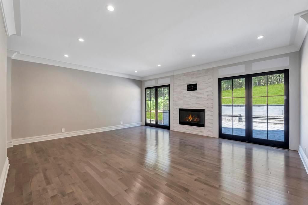 Empty room, Fireplace, Interior, Recessed Lighting, Wood Texture Flooring