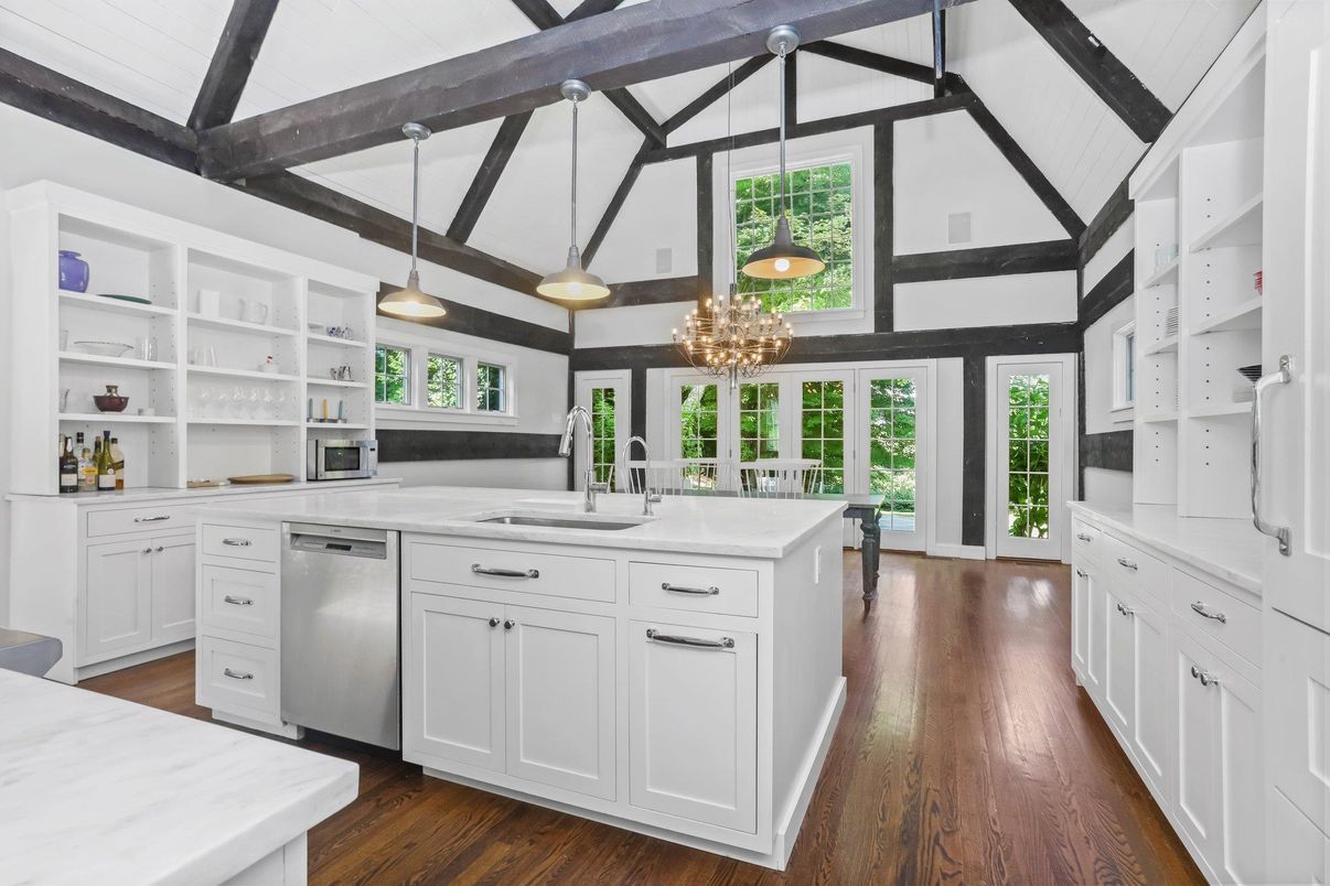 Chandelier, Interior, Kitchen, Pendant Lights, Wooden Beams, Wood Texture Flooring