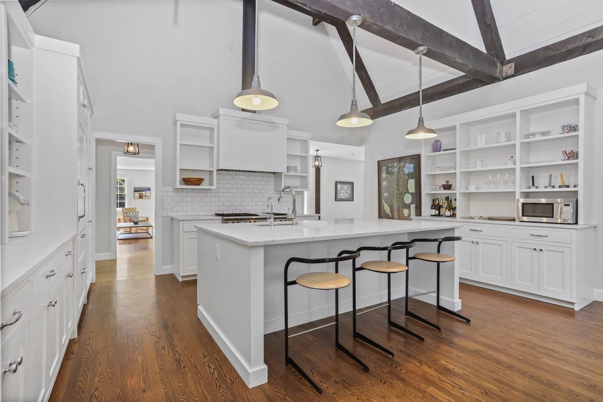 Interior, Kitchen, Pendant Lights, Wooden Beams, Wood Texture Flooring