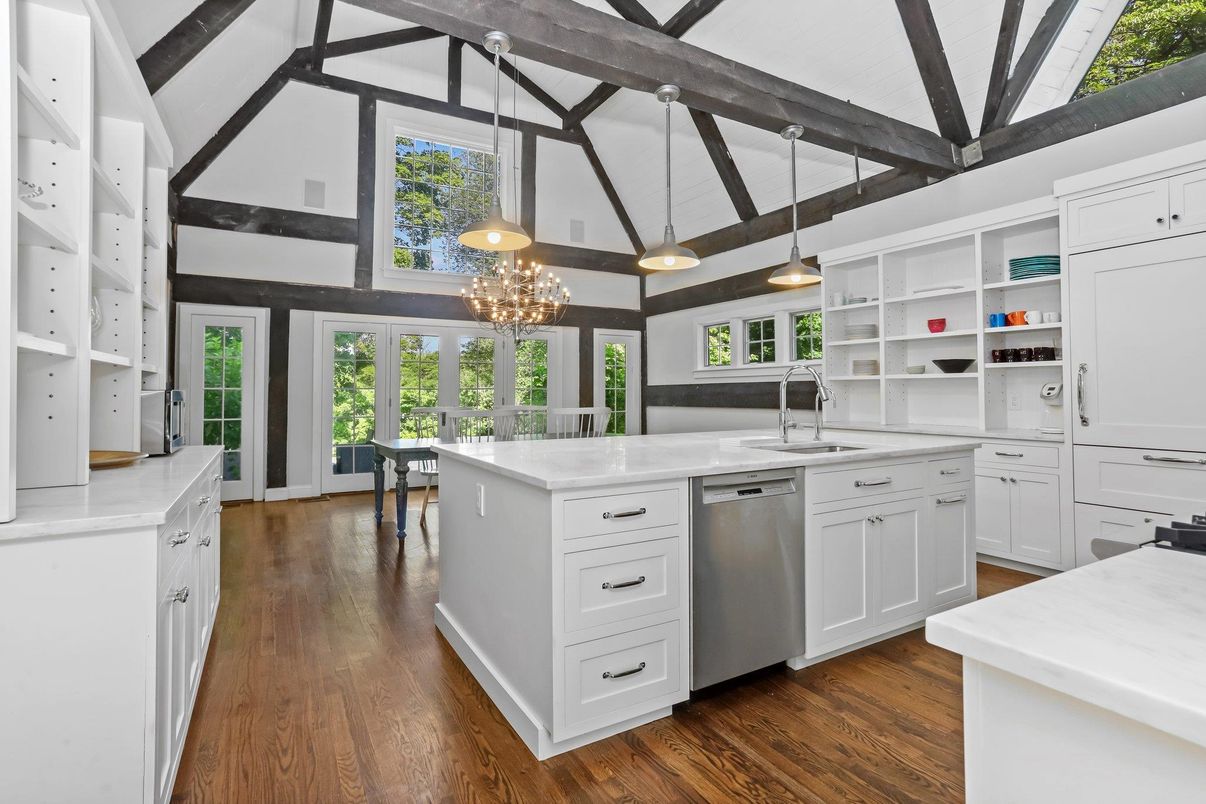 Interior, Kitchen, Pendant Lights, Wooden Beams, Wood Texture Flooring