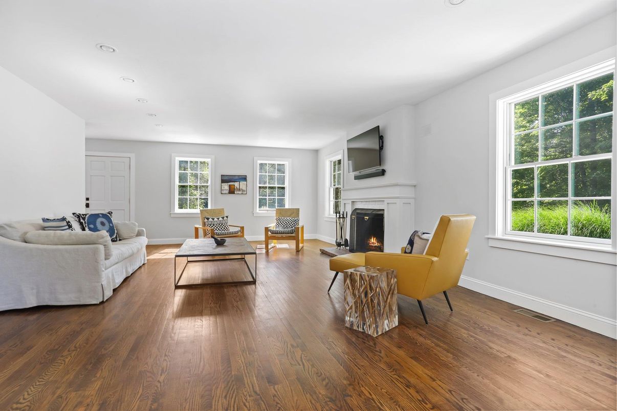Fireplace, Interior, Living room, Recessed Lighting, Wood Texture Flooring