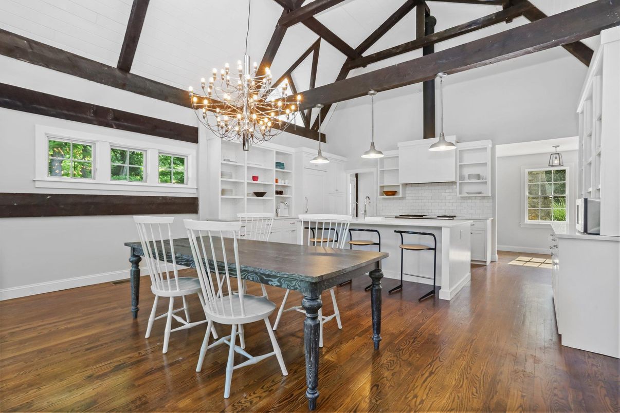 Chandelier, Dining room, Interior, Kitchen, Pendant Lights, Wooden Beams, Wood Texture Flooring