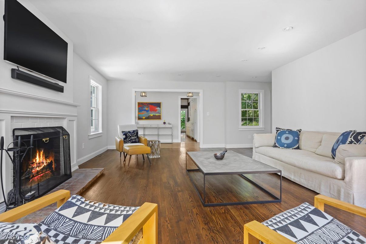 Fireplace, Interior, Living room, Recessed Lighting, Wood Texture Flooring