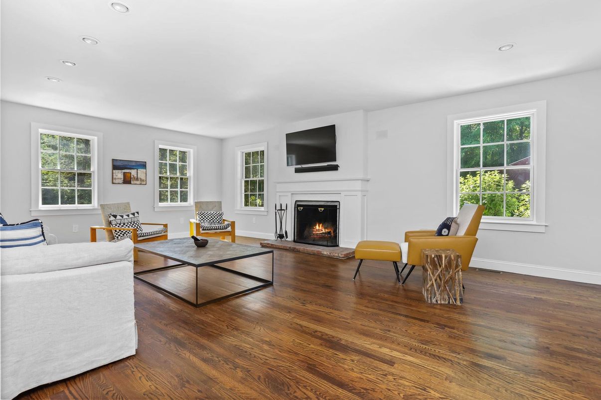 Fireplace, Interior, Living room, Recessed Lighting, Wood Texture Flooring