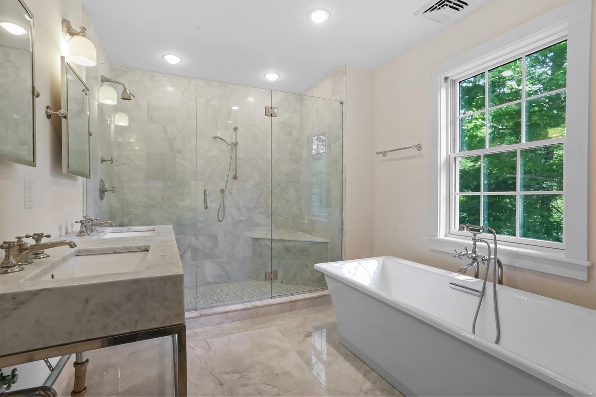 Bathroom, Dual Sink Vanities, Free Standing Baths, Glass Shower, Interior, Marble, Marble Walls, Recessed Lighting