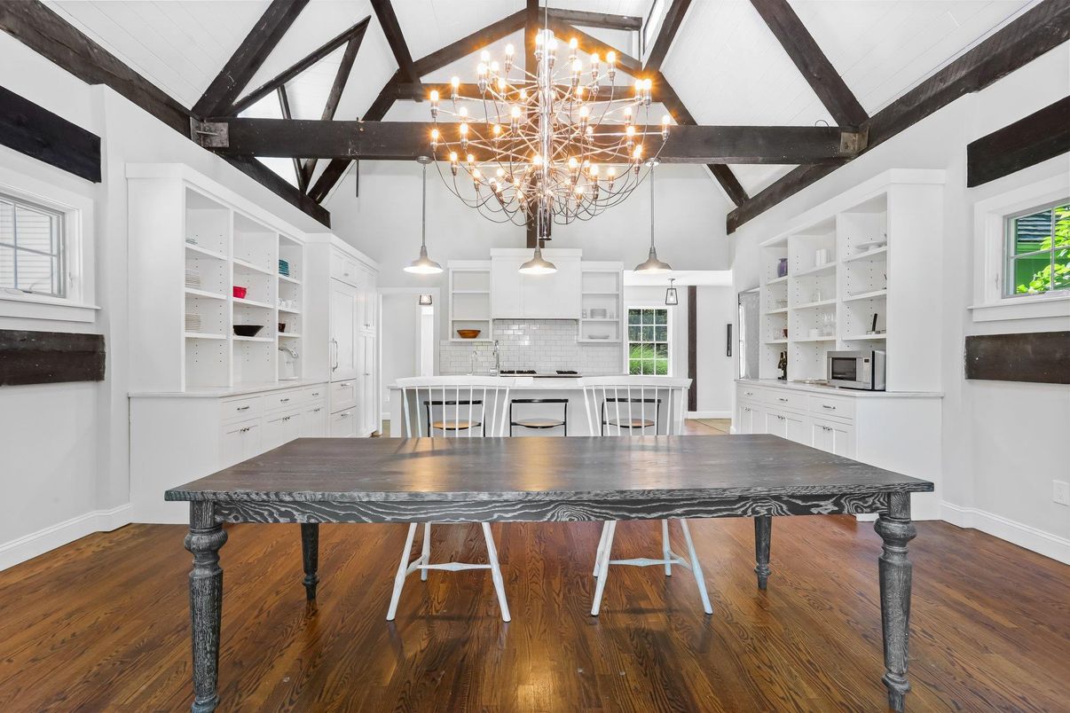 Chandelier, Interior, Kitchen, Pendant Lights, Wooden Beams, Wood Texture Flooring