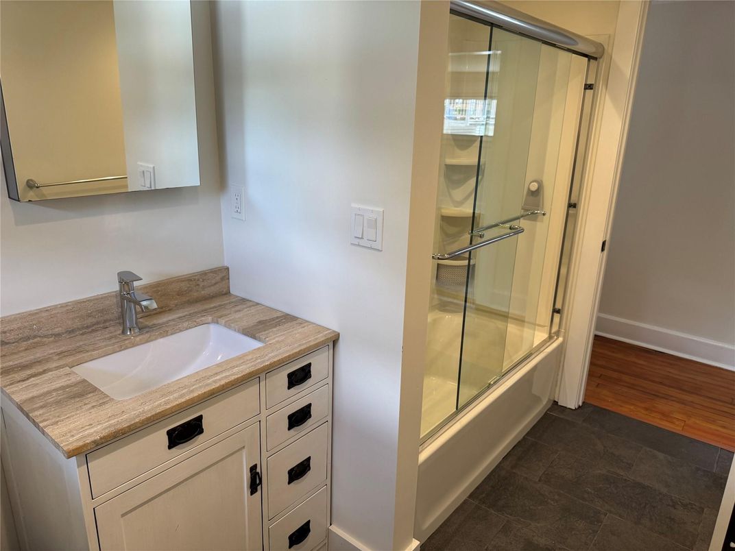 Bathroom, Glass Shower, Interior, Wood Texture Flooring